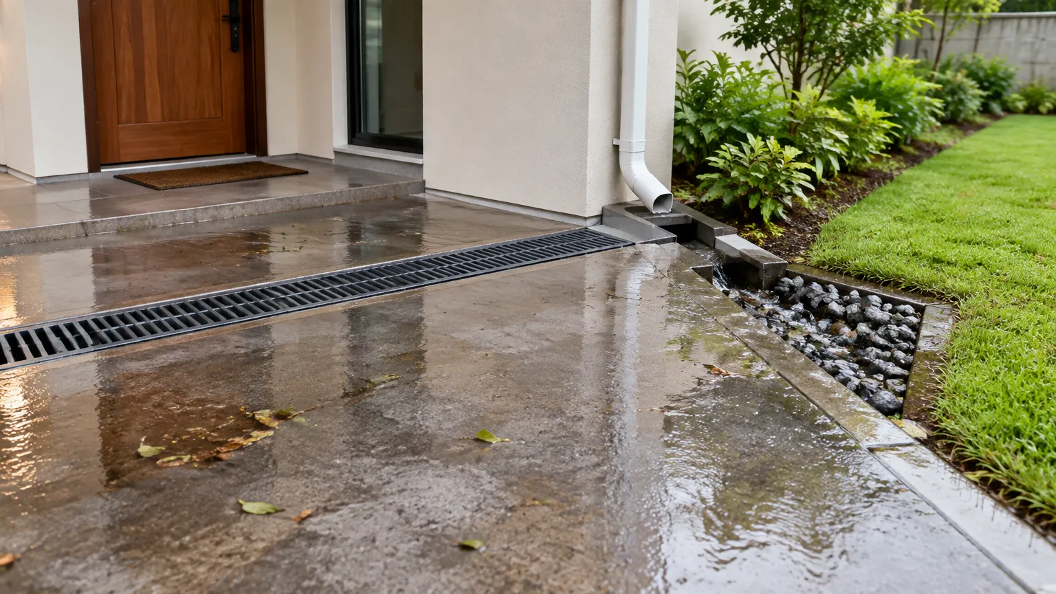 Saluran air melintang di halaman rumah setelah hujan