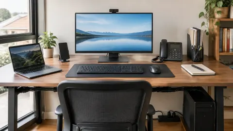 Monitor, laptop, dan perangkat kerja tersusun di meja