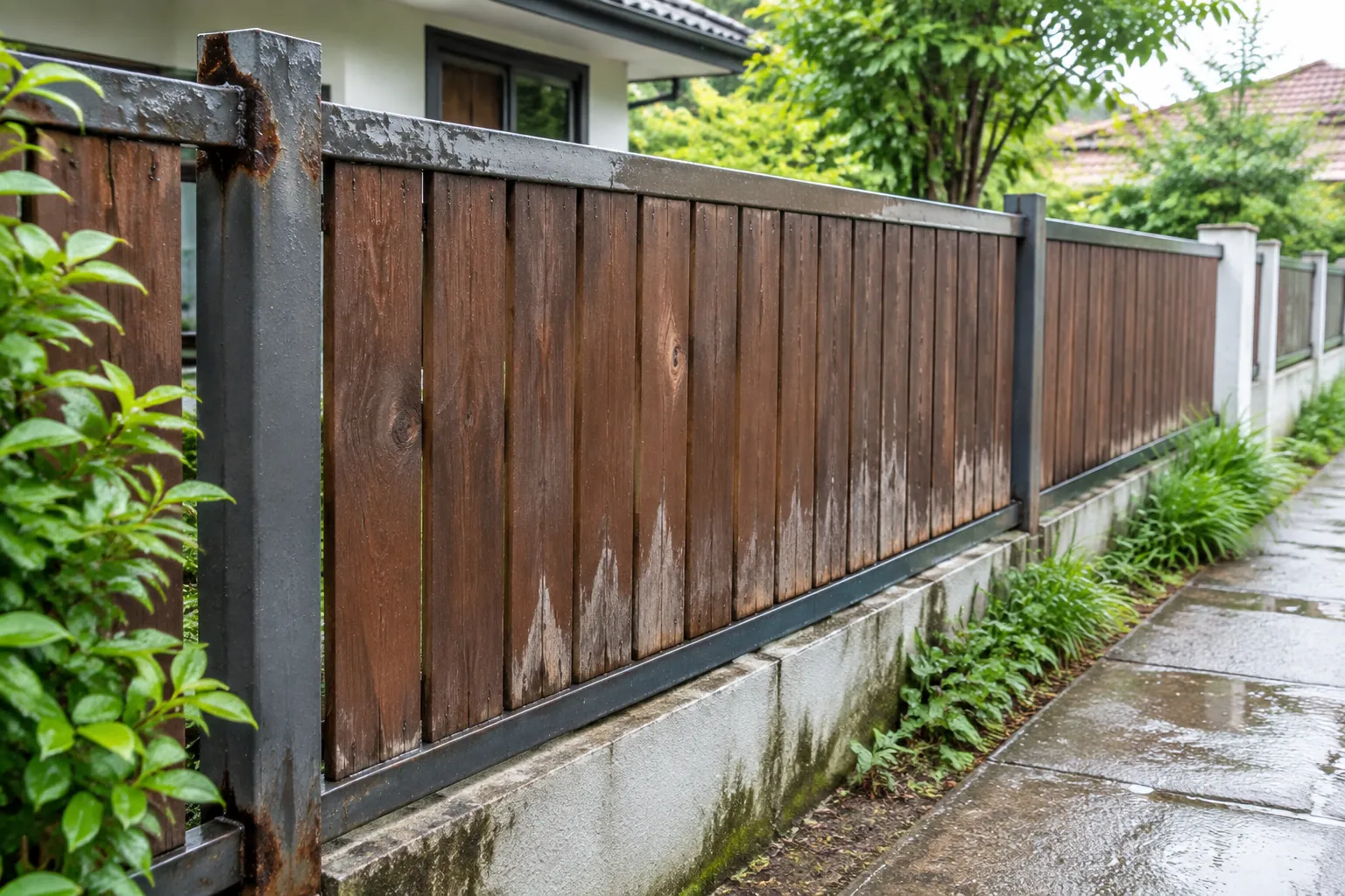 Papan pagar kayu tampak aus di tepi jalan rumah