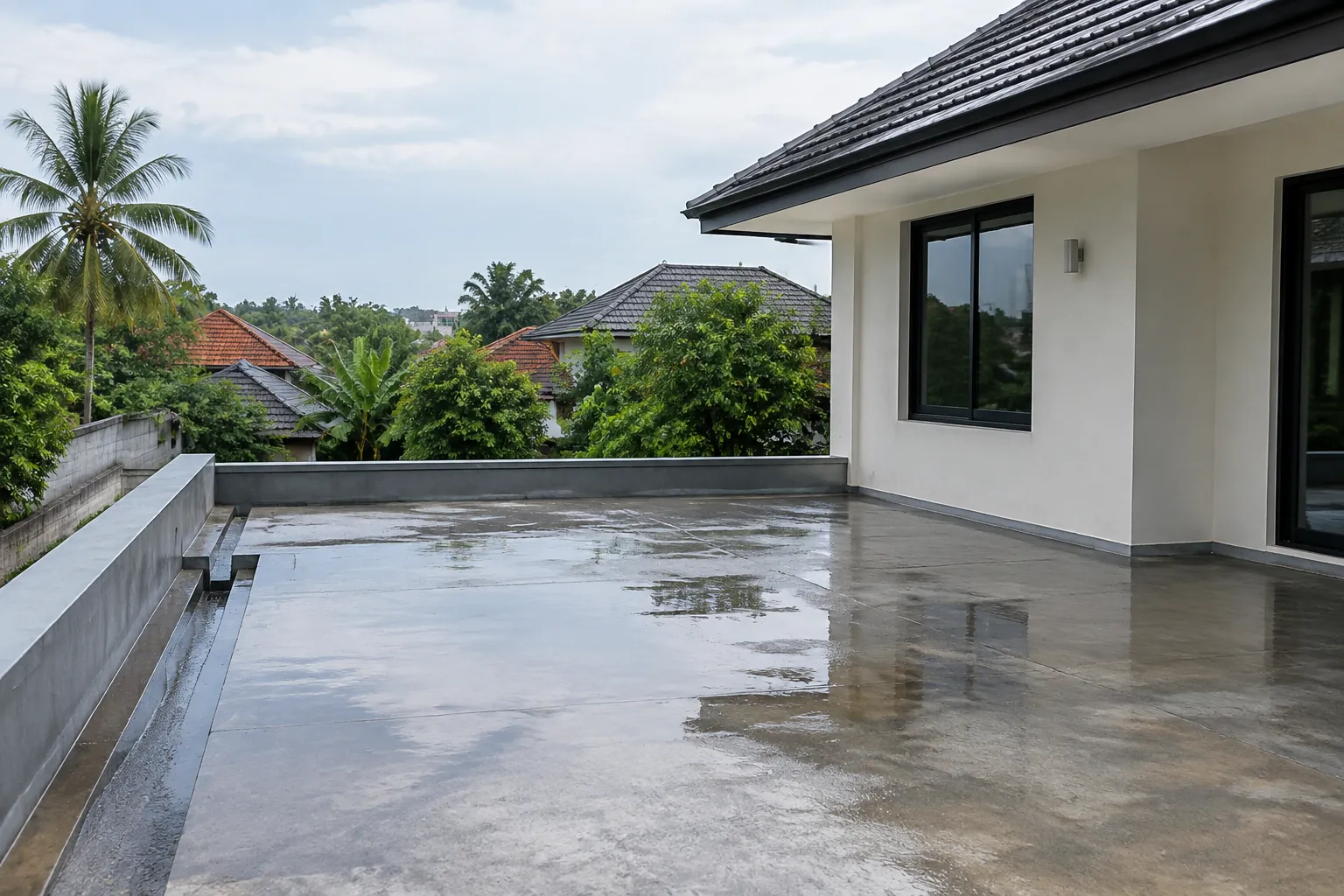 Air hujan bertahan pada permukaan dak rumah di iklim tropis