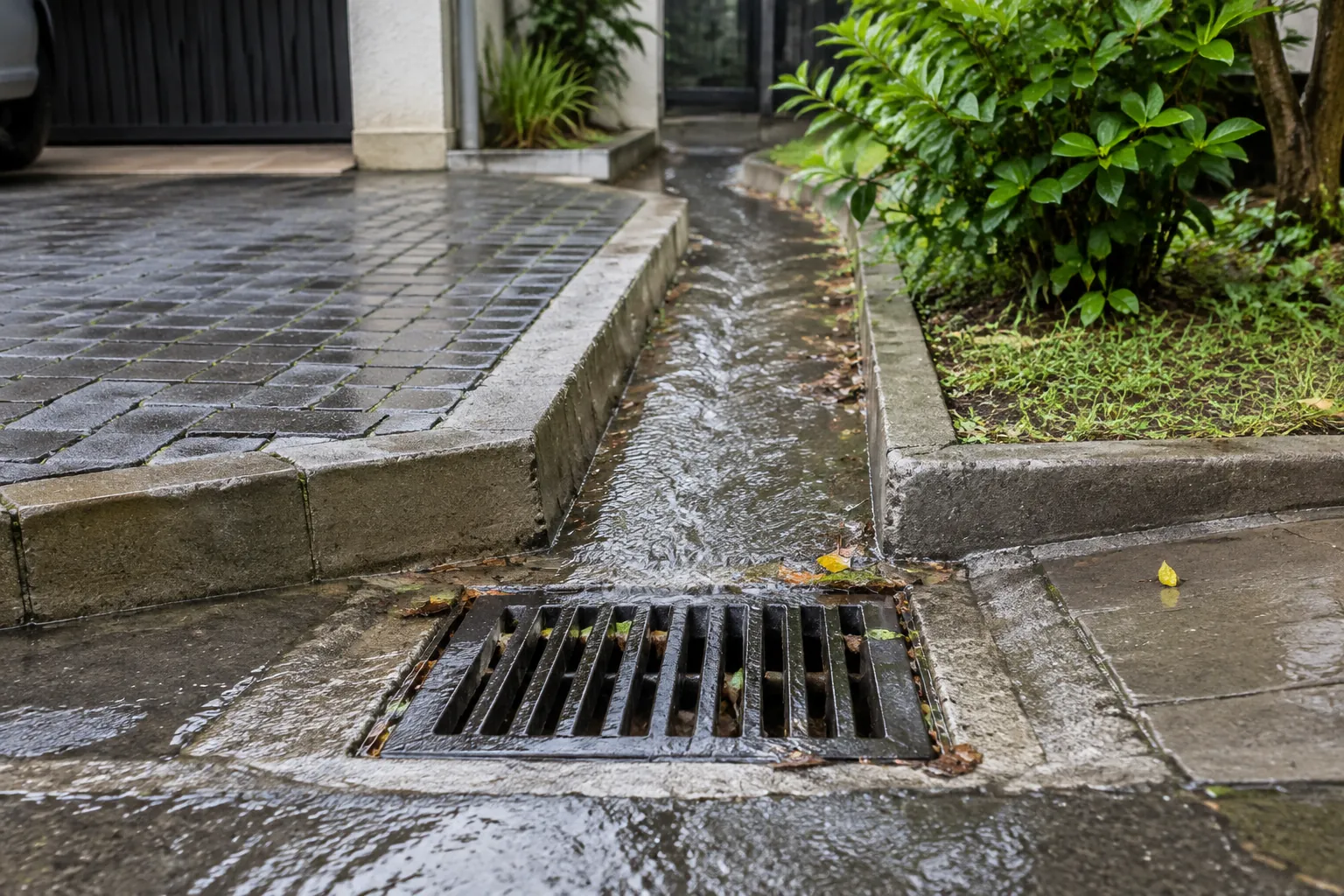 Daun menumpuk di sekitar kisi drainase