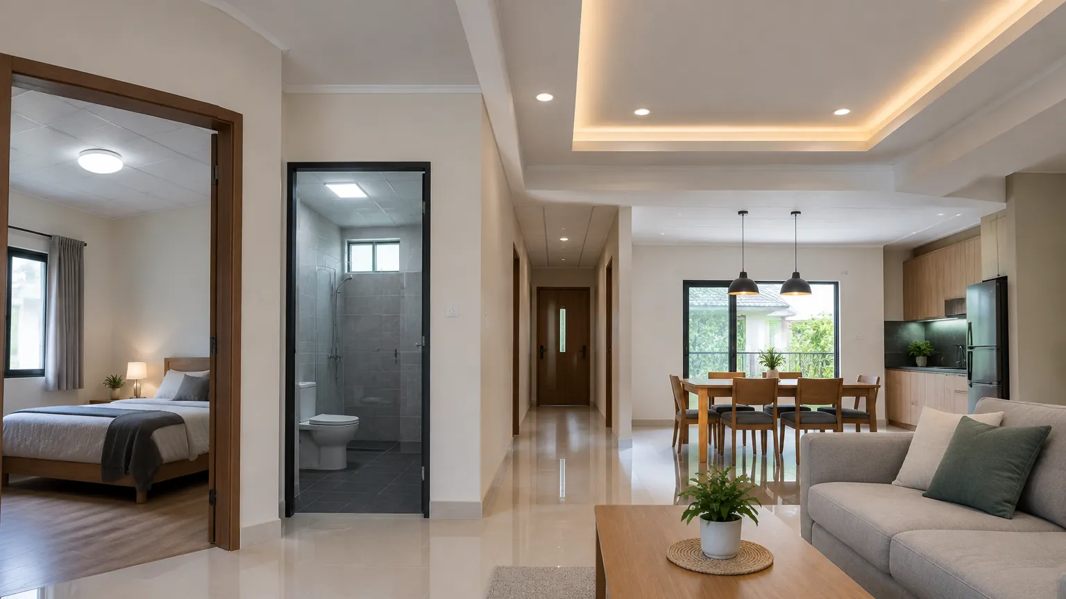 Plafon ruang dalam rumah dengan beberapa jenis pencahayaan