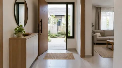 Foyer dengan pintu kayu dan jalur menuju ruang duduk