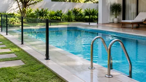 Pagar pembatas hitam dan tangga pada kolam renang rumah