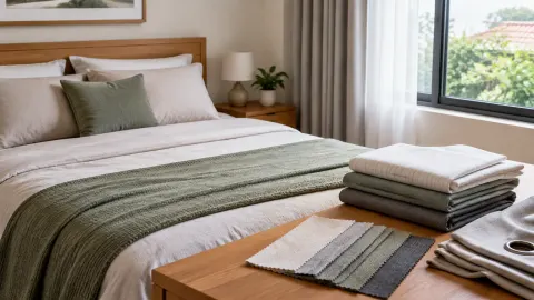 Tempat tidur dengan sampel kain tersusun pada meja kecil