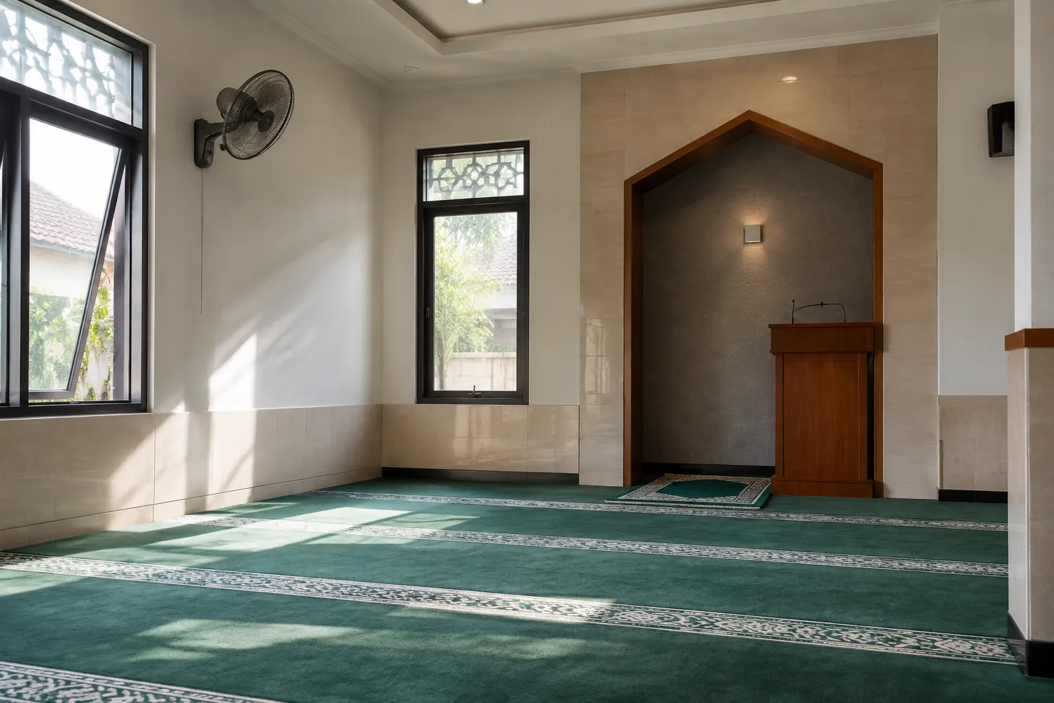 Ruang mushola dengan karpet dan jendela.