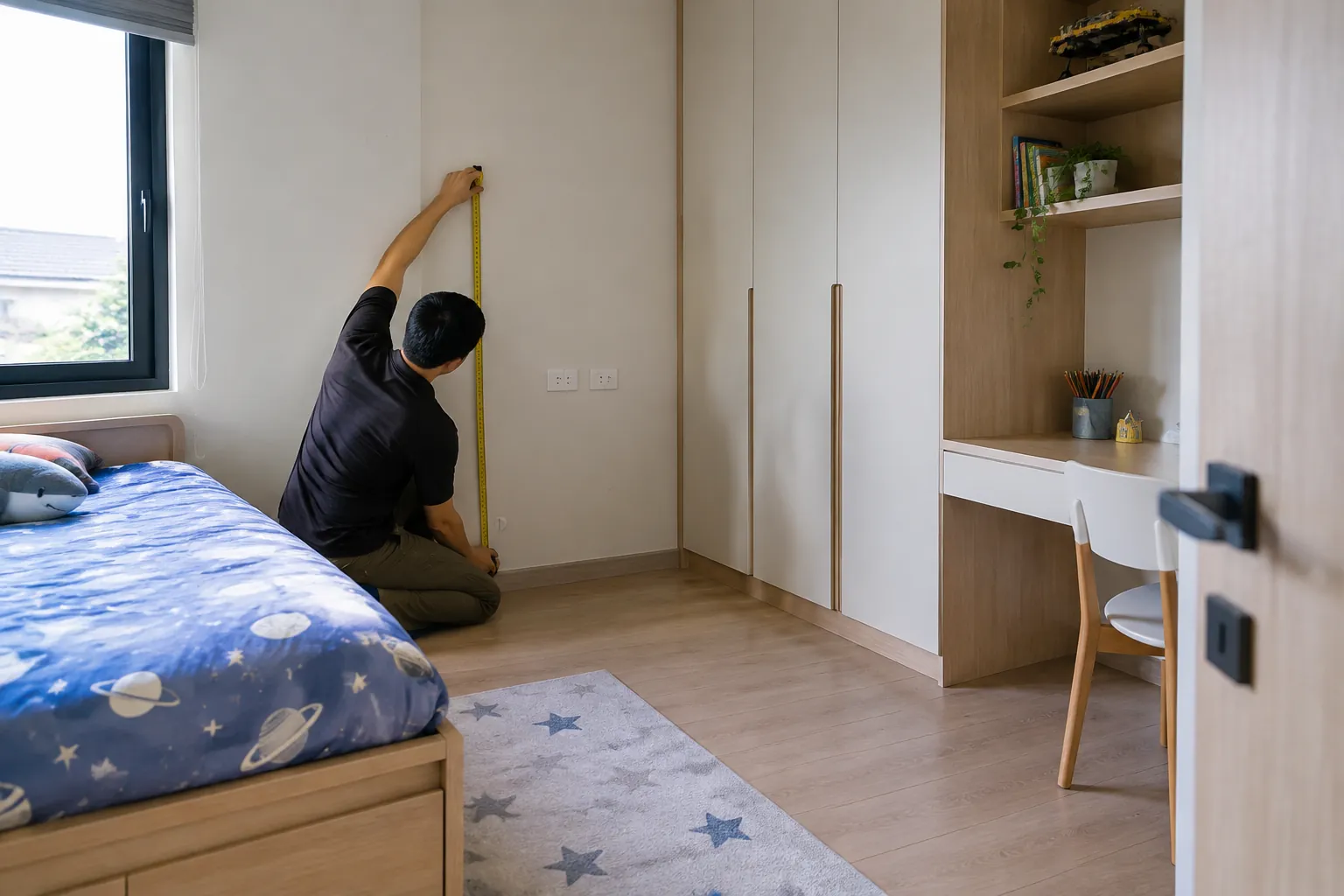 Pekerja mengukur bidang dinding di samping lemari kamar anak