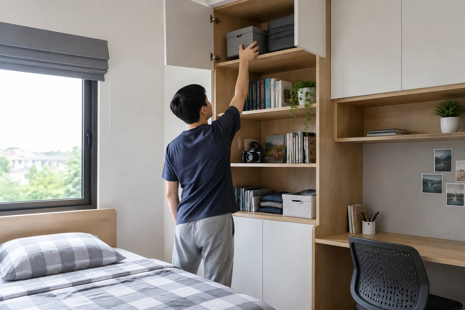 Seseorang meraih kotak di rak tinggi kamar remaja