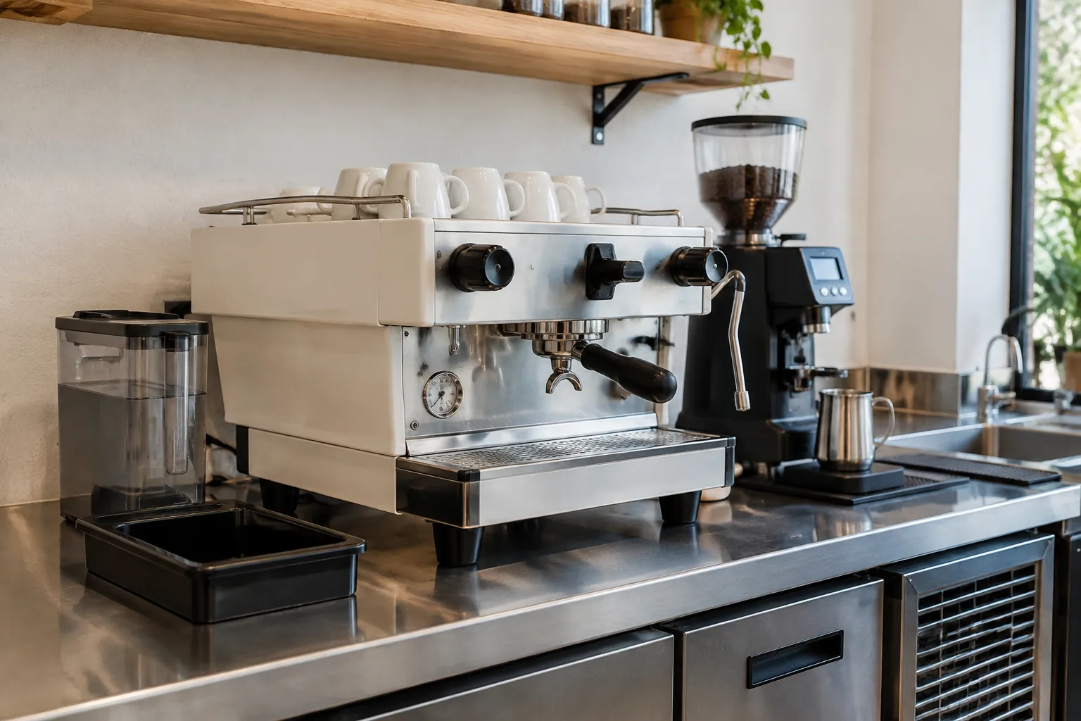Mesin kopi, grinder, dan bak cuci tersusun di atas meja bar