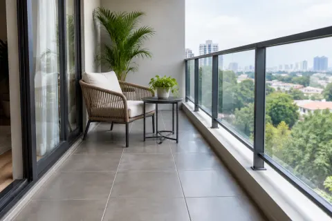 Balkon dengan pagar kaca dan area duduk