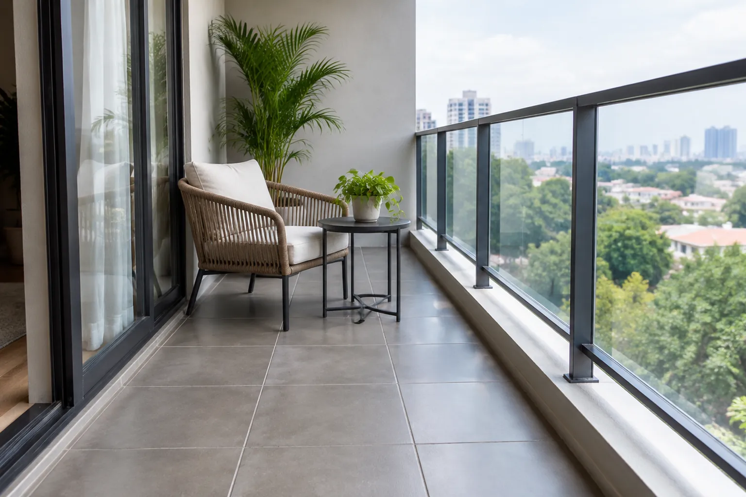 Balkon dengan pagar kaca dan area duduk