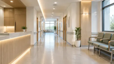 Koridor klinik wellness dengan area duduk di dekat meja penerima