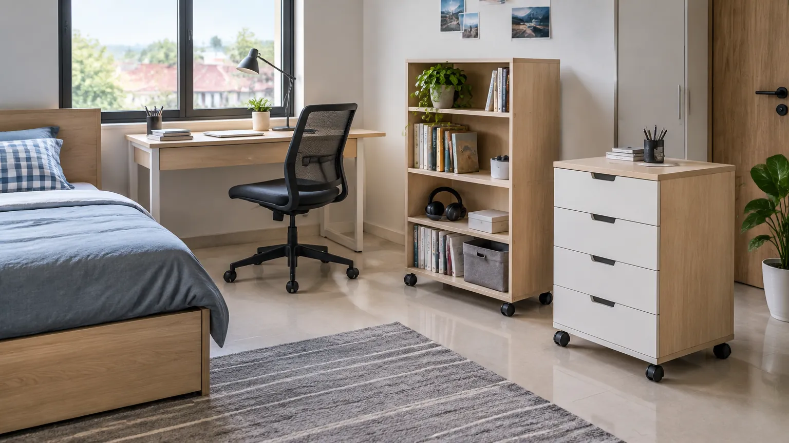 Furnitur lepas berupa meja dan kabinet di kamar remaja