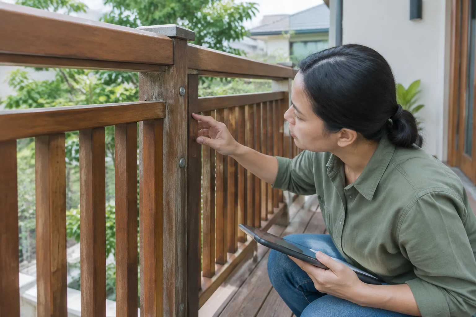 Orang memeriksa railing kayu.