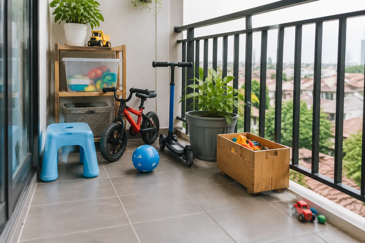 Mainan dan sepeda kecil berada dekat pagar balkon