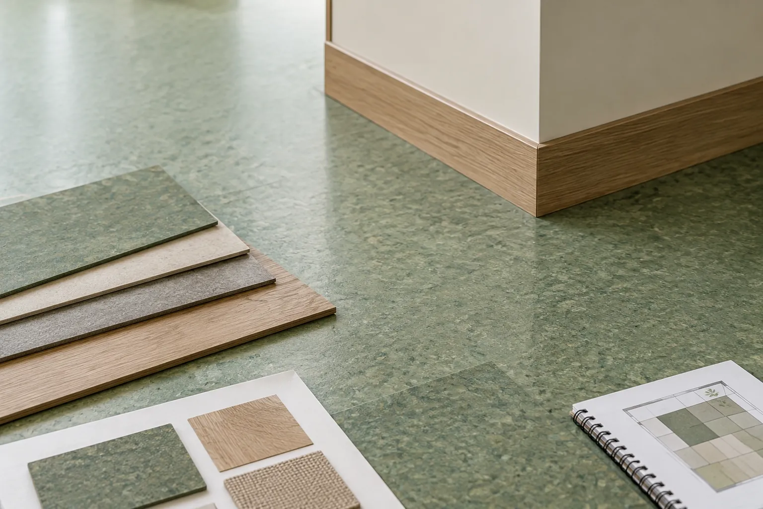 Sampel lantai hijau dan papan pembanding bahan