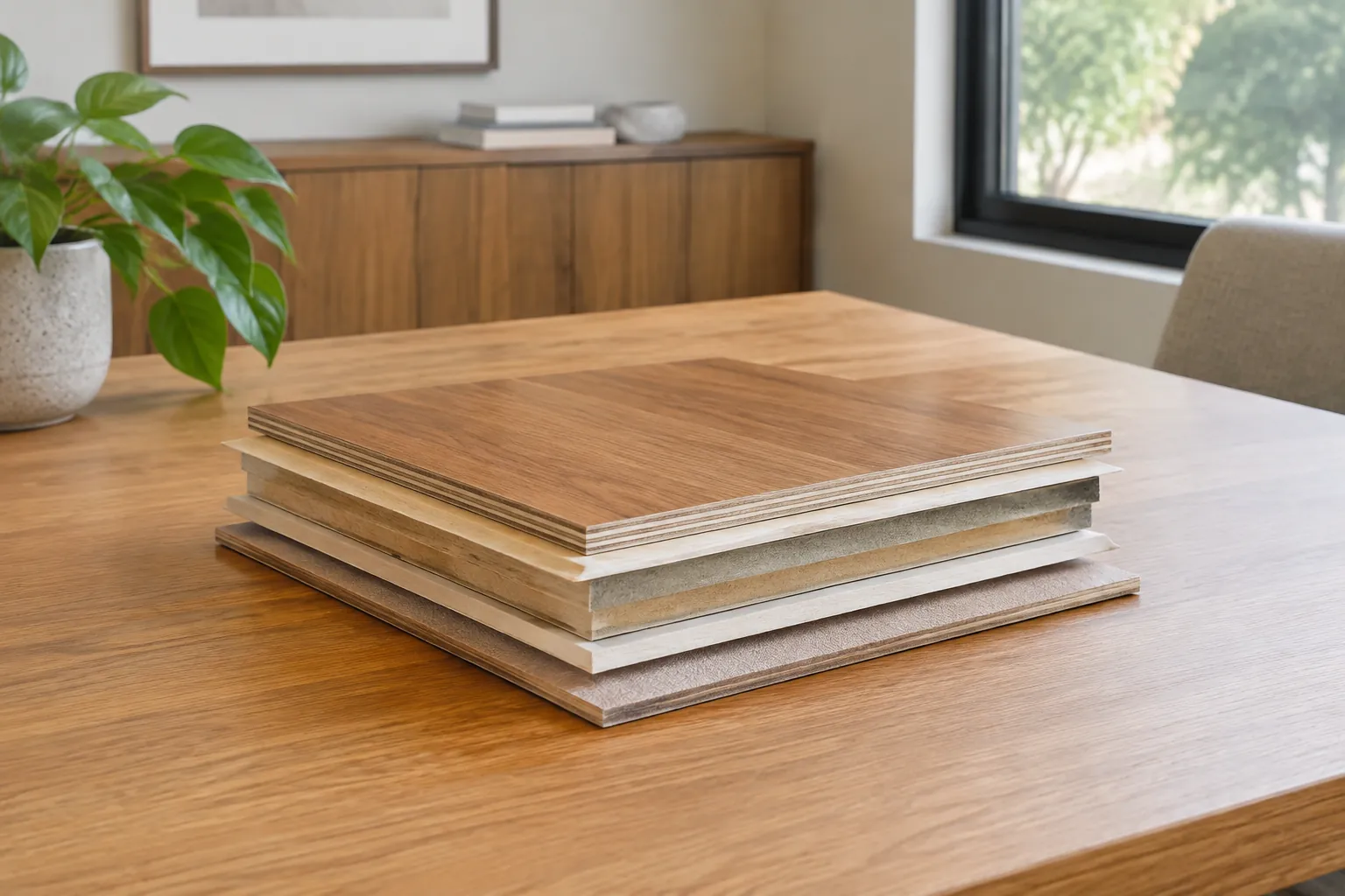 Lembaran veneer dan panel berlapis ditumpuk sebagai sampel bahan