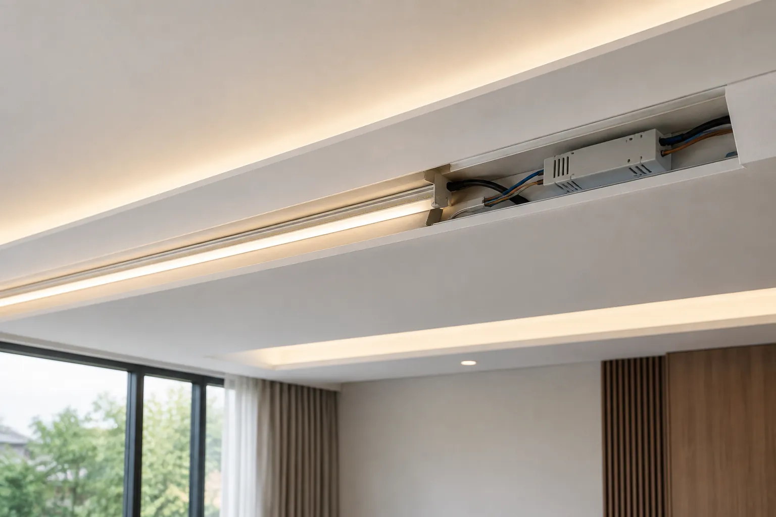 Lampu linear dan celah cahaya pada plafon ruang