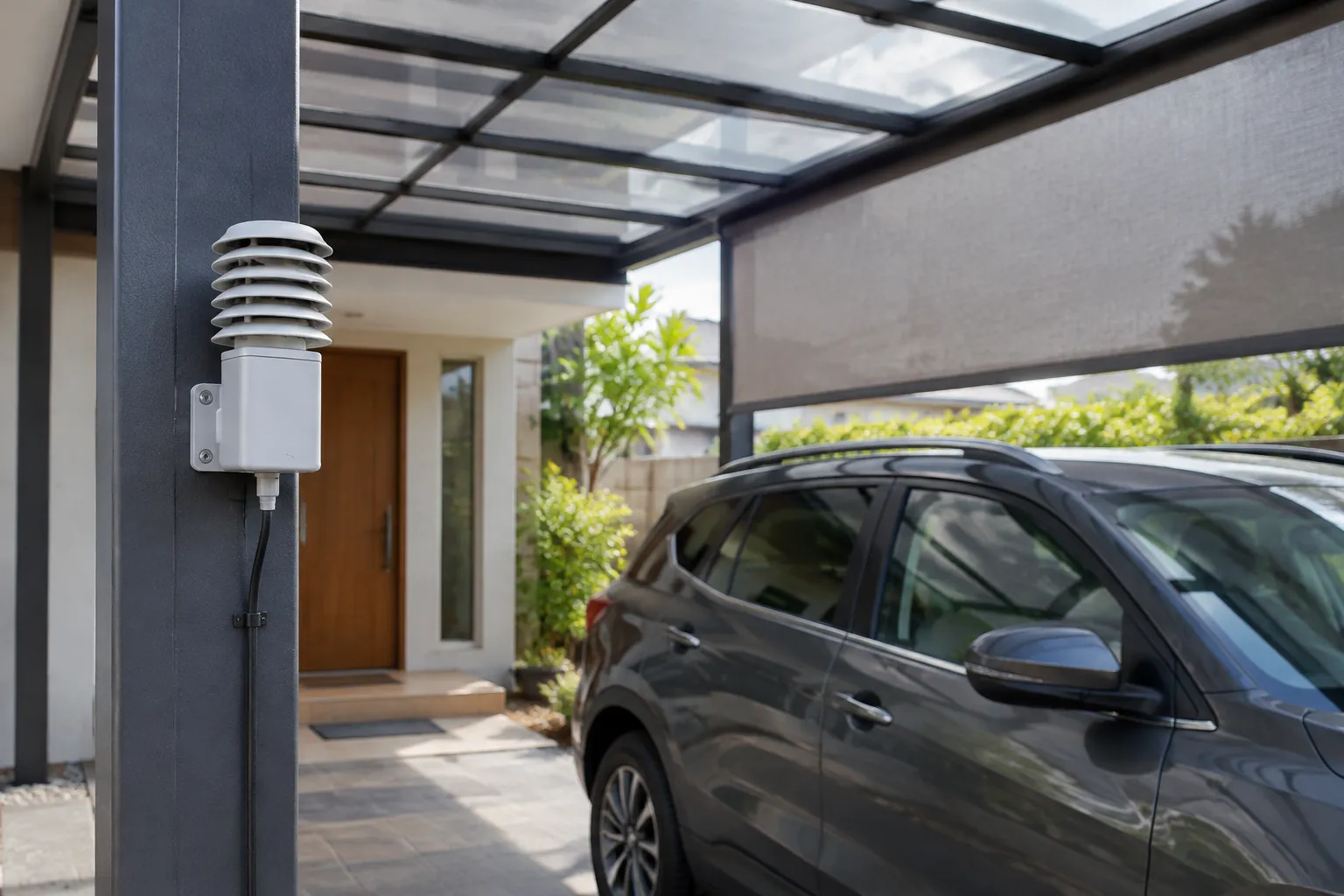 Perangkat kecil pada tiang carport dekat mobil