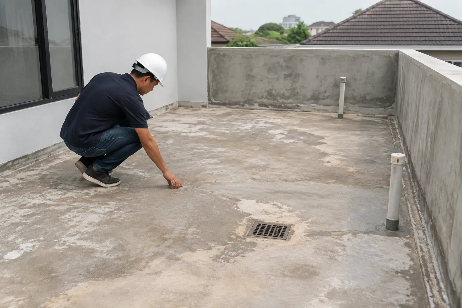 Pekerja memeriksa kondisi permukaan teras sebelum waterproofing
