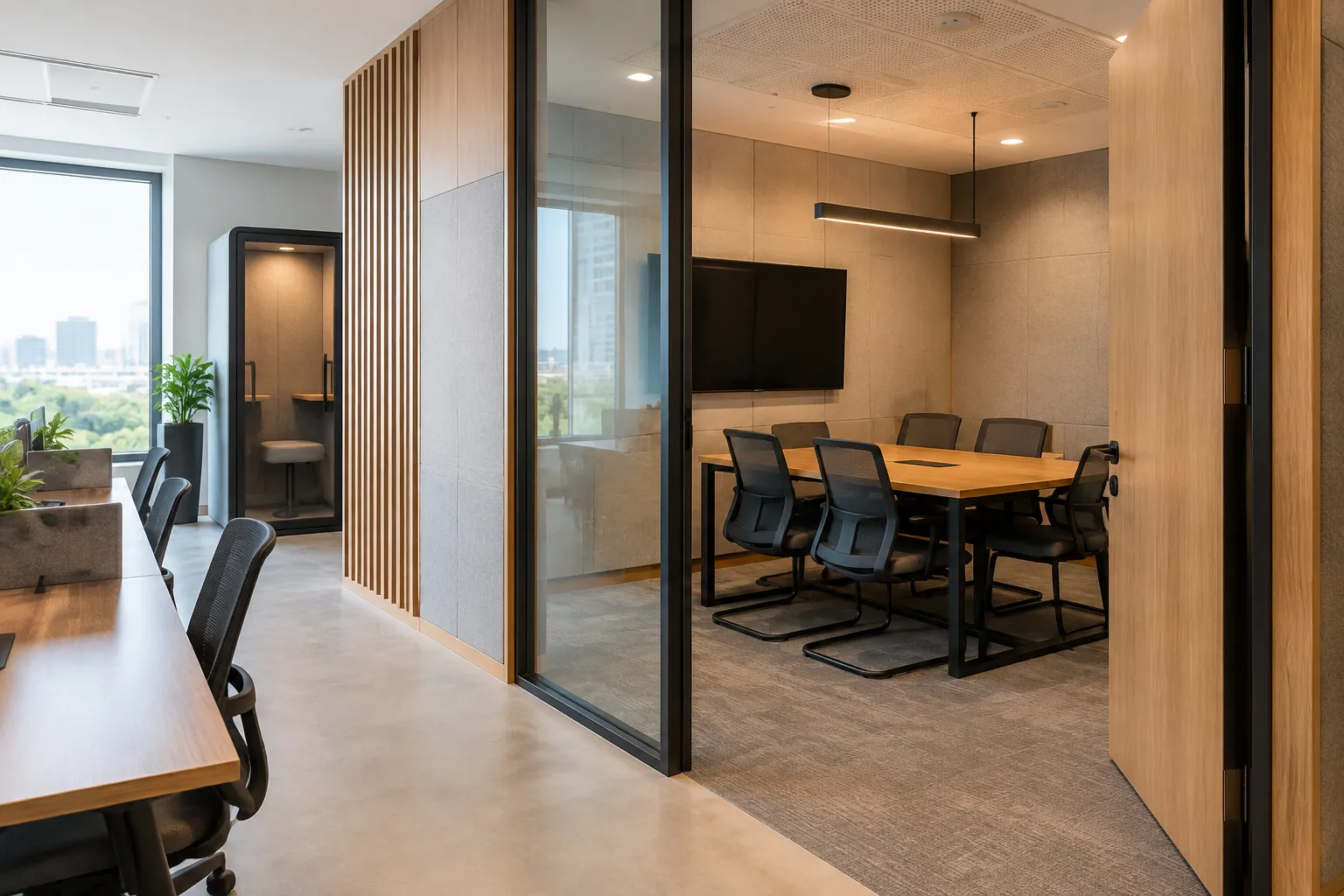 Ruang rapat kaca dengan panel kayu pada kantor