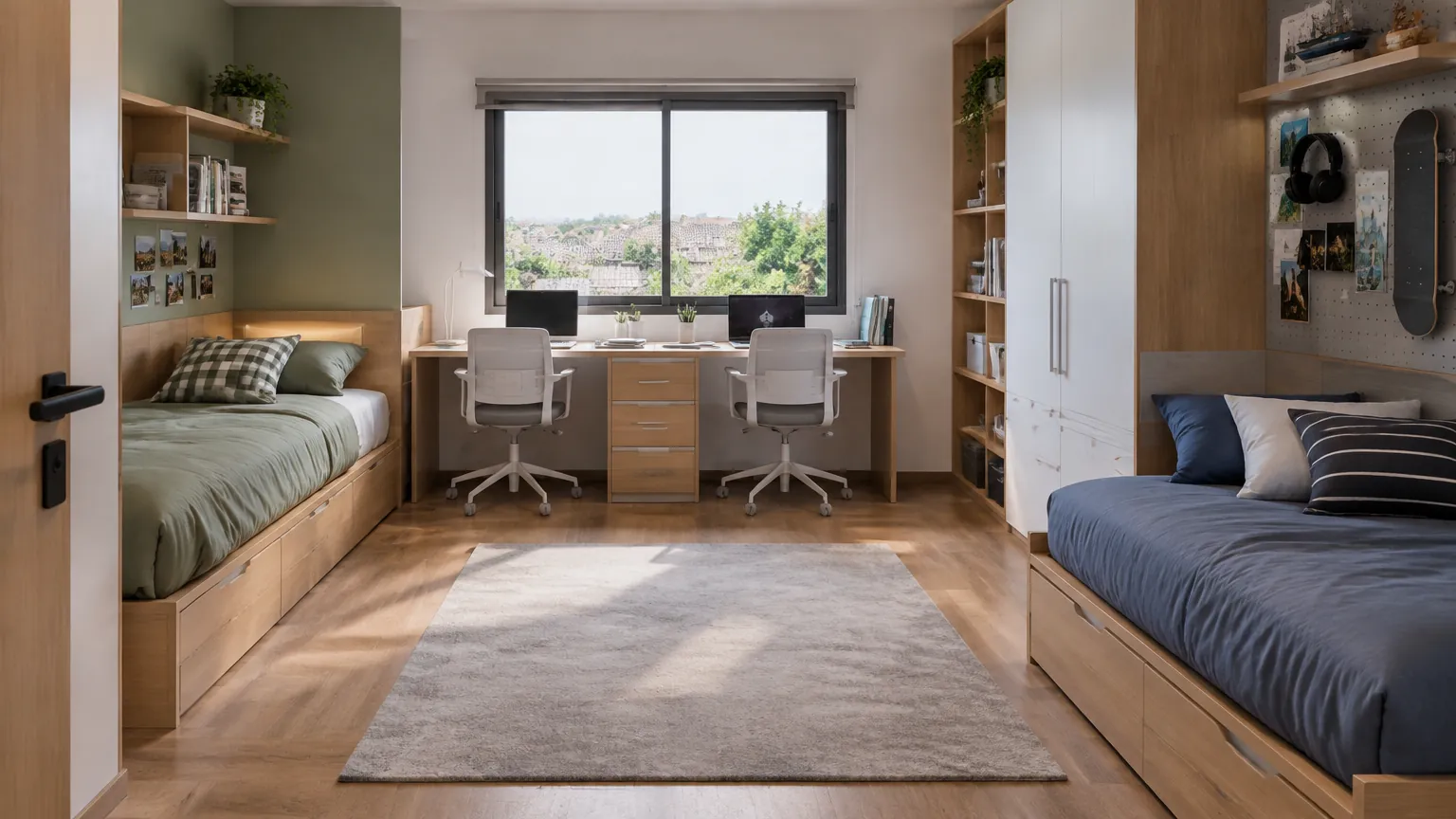 Kamar remaja dengan dua tempat tidur dan meja belajar