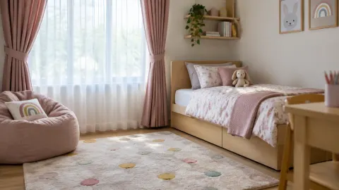 Kamar anak dengan tekstil merah muda dan karpet berpola lembut