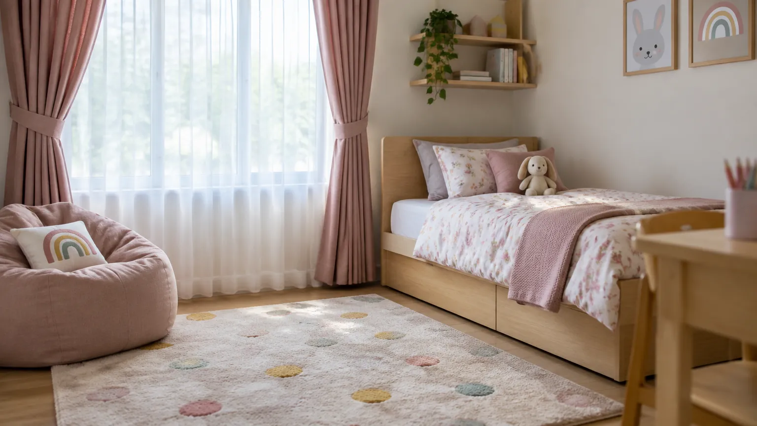 Kamar anak dengan tekstil merah muda dan karpet berpola lembut