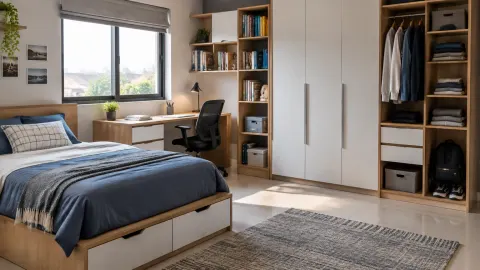 Kamar remaja dengan lemari pakaian dan rak di dekat meja