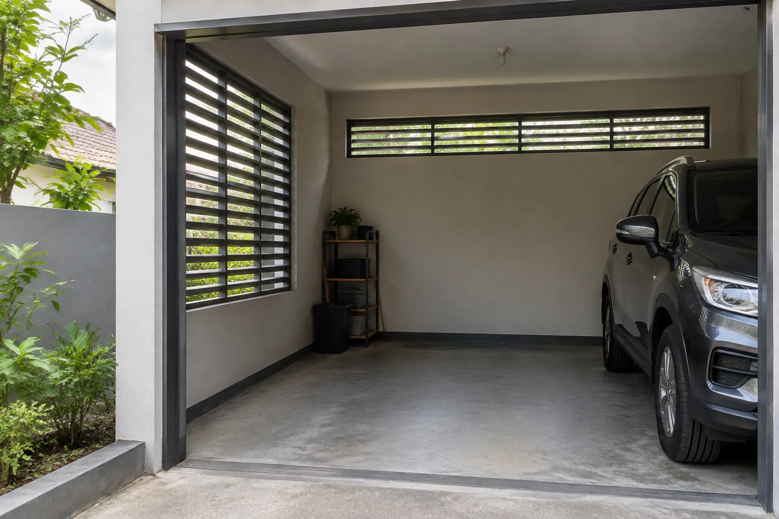 Garasi dengan kisi ventilasi pada dua sisi dinding