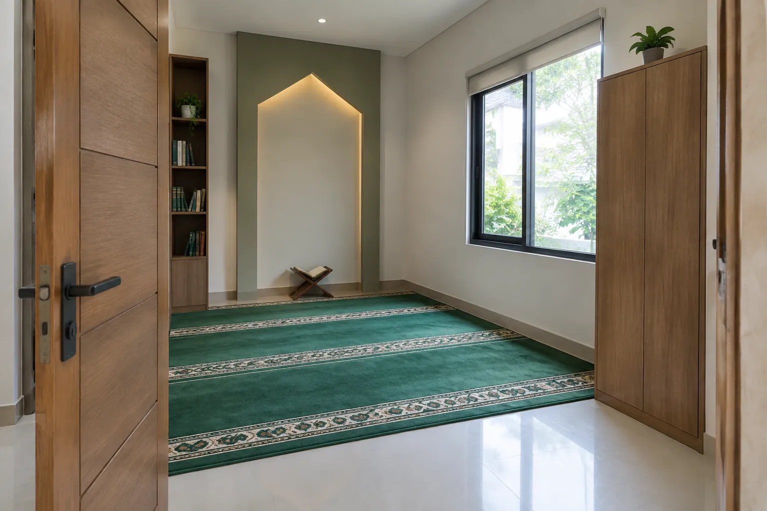 Bidang salat berada di antara pintu dan jendela besar