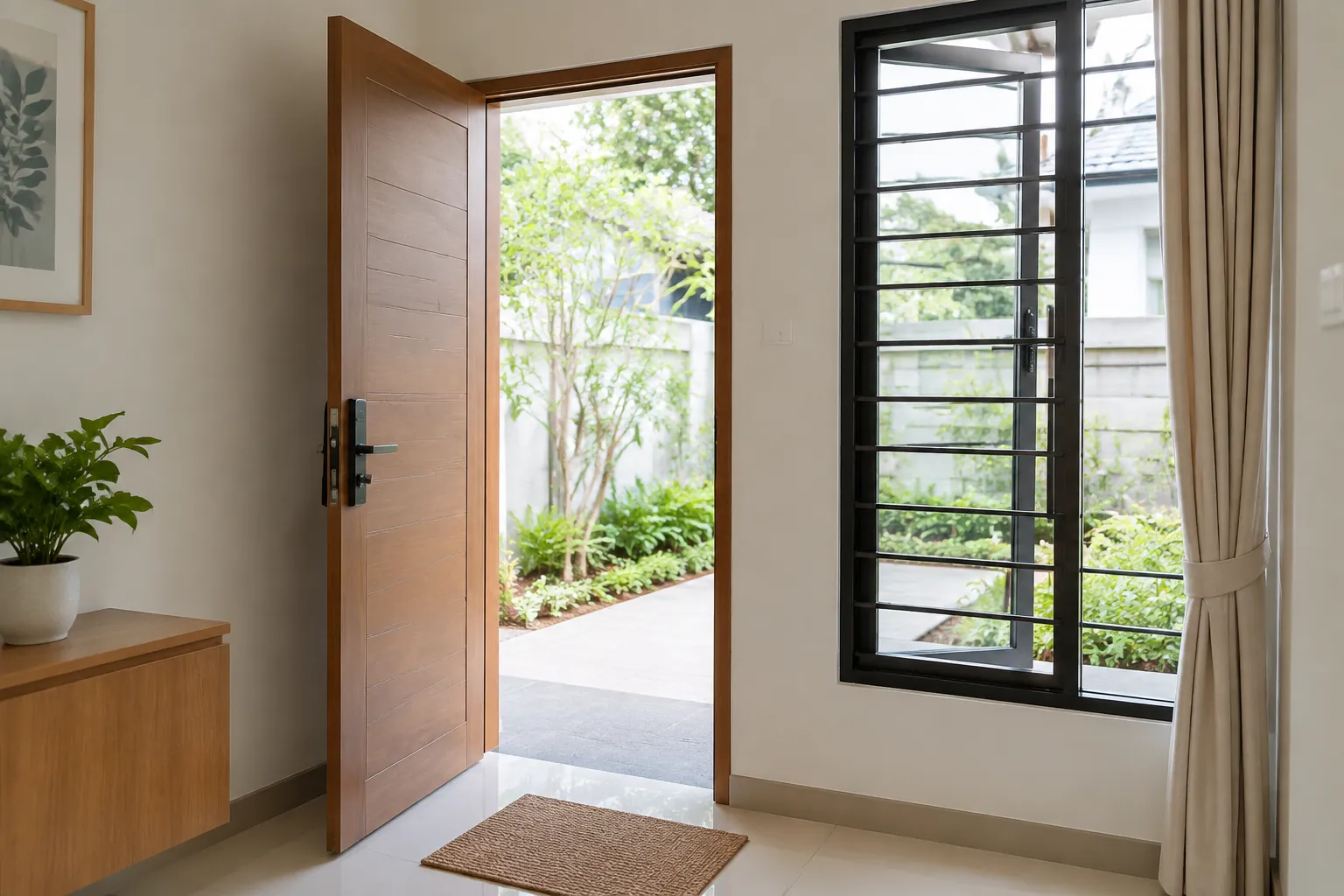 Pintu rumah terbuka menuju halaman