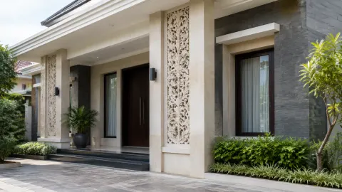 Fasad rumah menggunakan ornamen bertekstur pada bidang dekat pintu