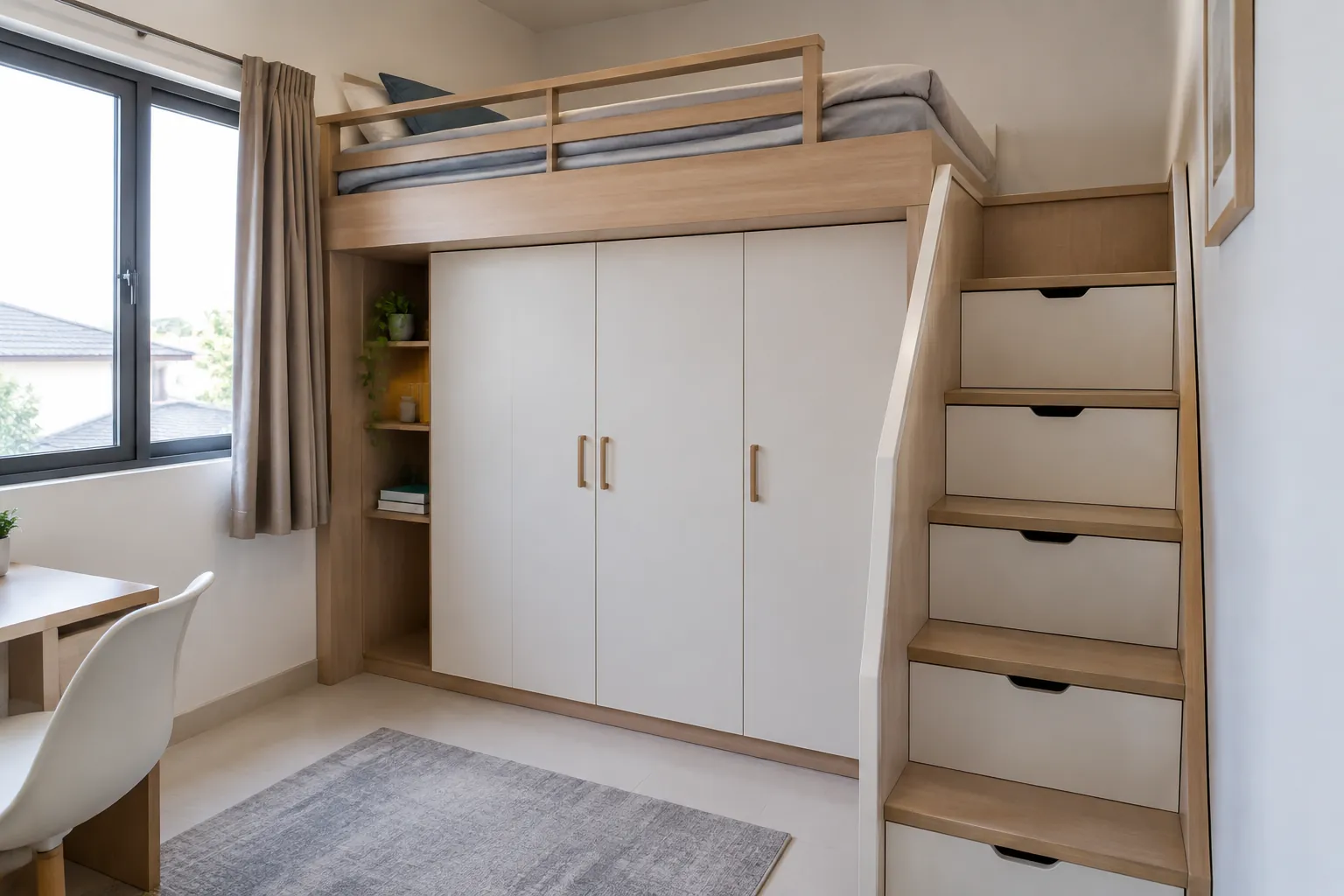 Rancangan tempat tidur tinggi dan tangga penyimpanan.