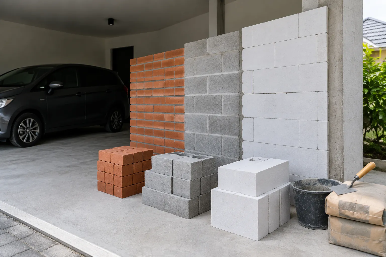 Contoh susunan bata merah dan blok abu-abu di depan garasi