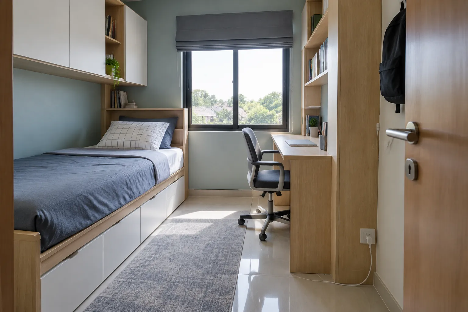 Kamar sempit dengan tempat tidur dan meja dekat jendela