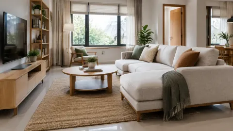 Ruang keluarga dengan sofa, meja, dan lemari televisi
