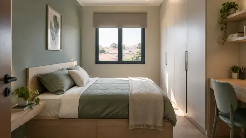 Kamar tidur sempit dengan lemari putih dan seprai hijau