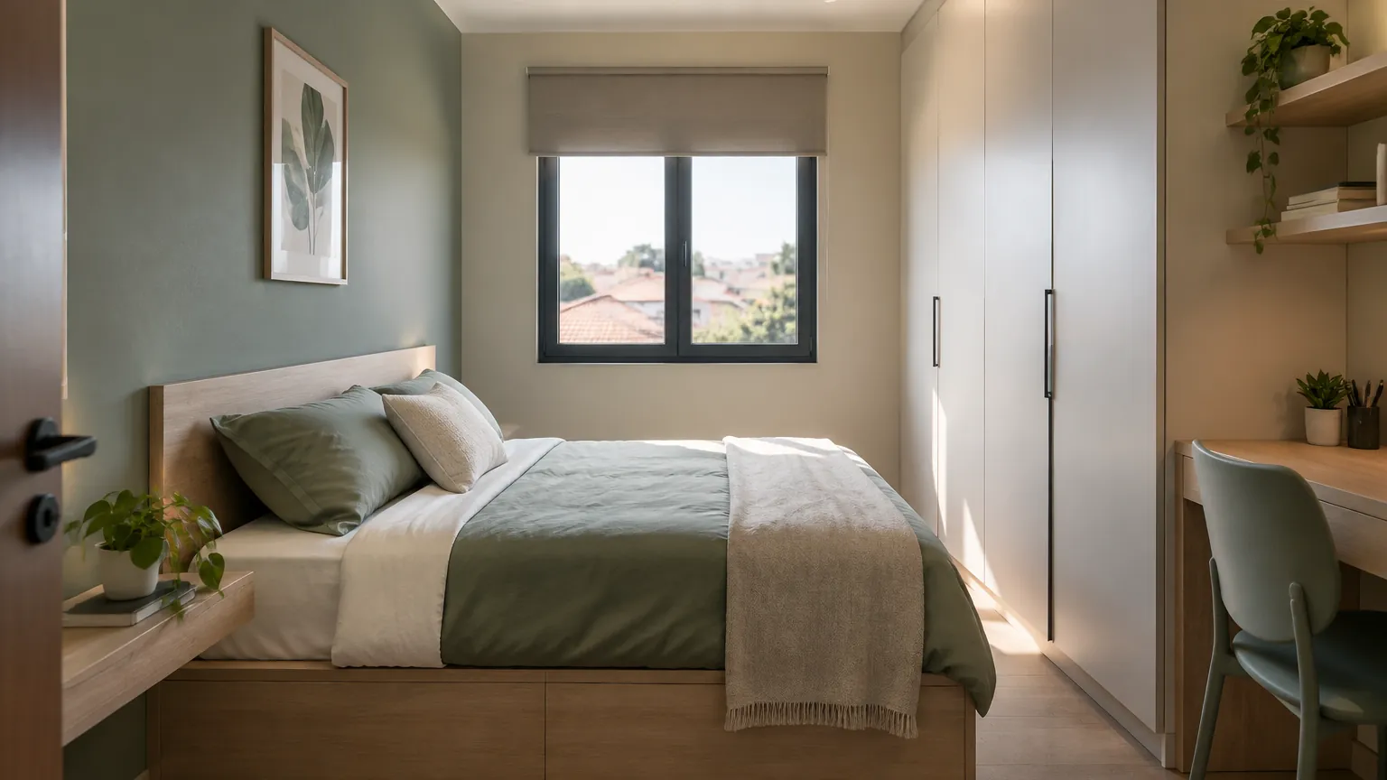 Kamar tidur sempit dengan lemari putih dan seprai hijau