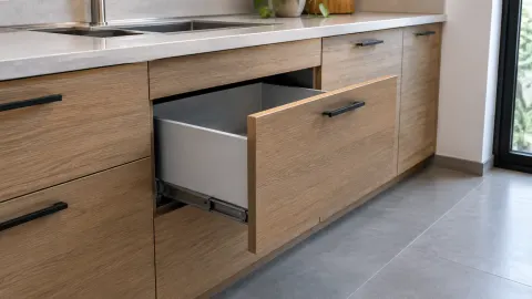 Laci kabinet kayu terbuka pada kitchen set