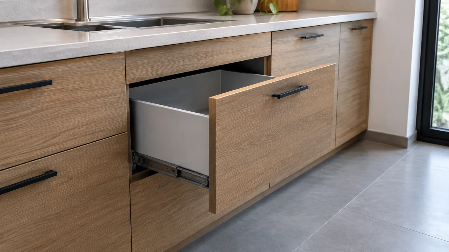 Laci kabinet kayu terbuka pada kitchen set