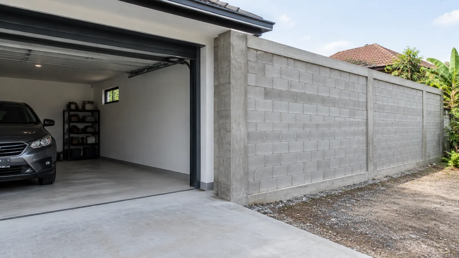 Dinding blok di tepi garasi rumah