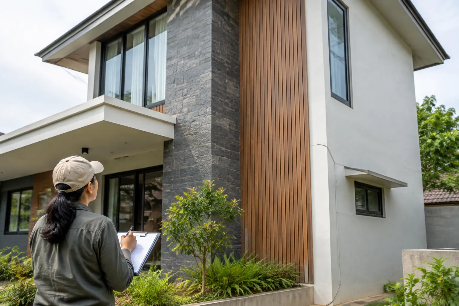 Seseorang mencatat kondisi dinding fasad dan panel kayu