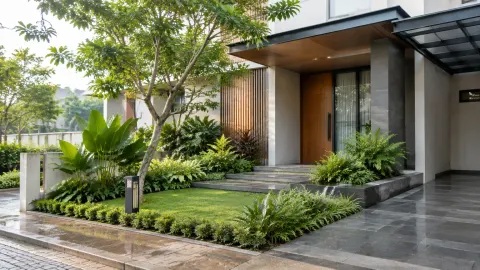 Fasad rumah dan tanaman pada halaman depan