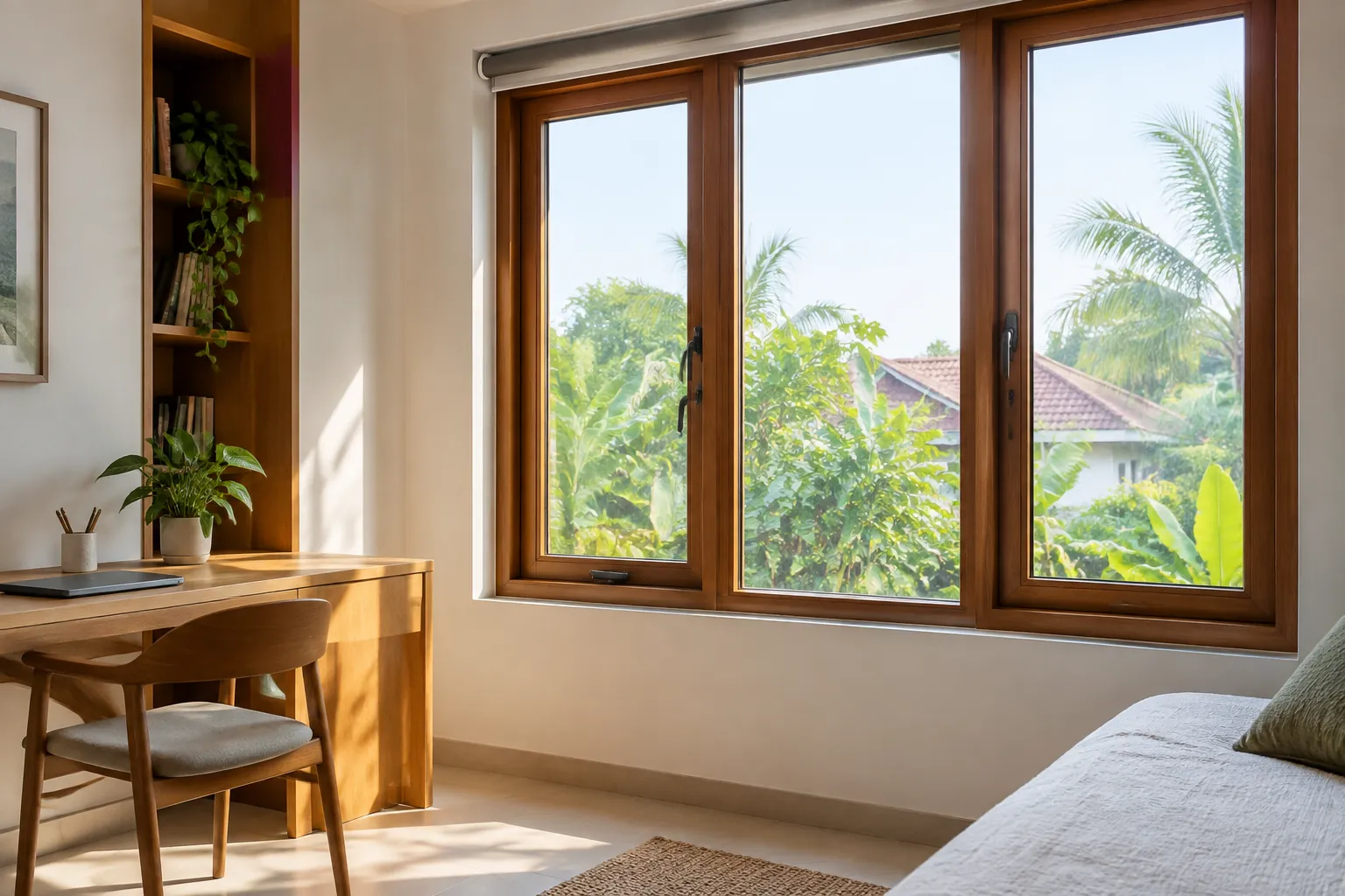 Jendela kayu besar di samping tempat duduk dekat kamar