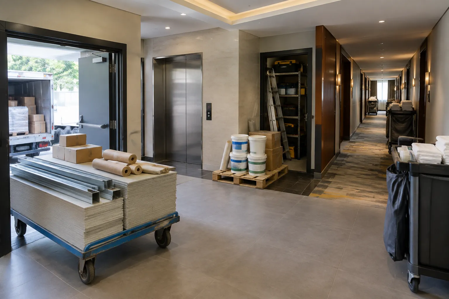 Troli material ditempatkan di koridor hotel saat pekerjaan renovasi