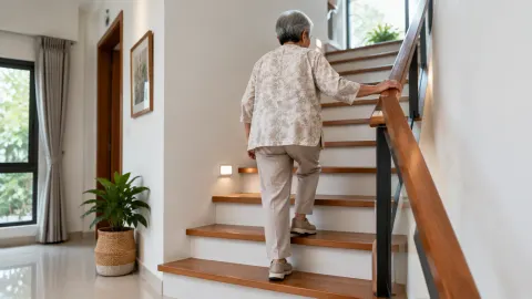 Orang lanjut usia menaiki tangga rumah sambil memegang railing