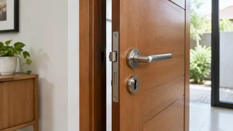 Pintu kayu setengah terbuka dengan gagang dan sisi kusen terlihat