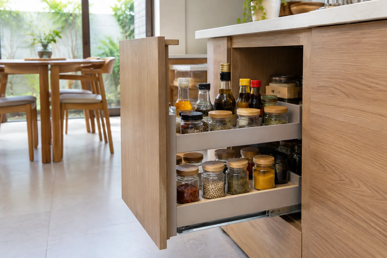Rak tarik berisi bumbu dalam kabinet dapur