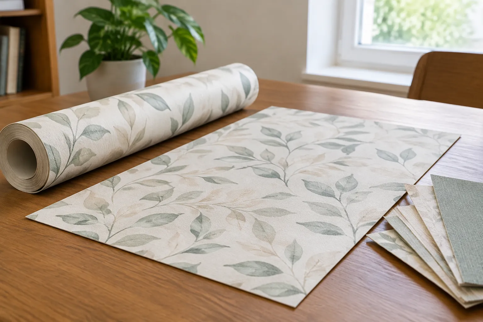 Gulungan dan lembar sampel wallpaper bermotif daun
